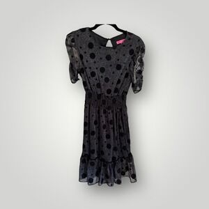 Betsey Johnson Sz 4 Silver Metallic Threaded Polka Dot‎ Fit n Flare Ruffle Dress